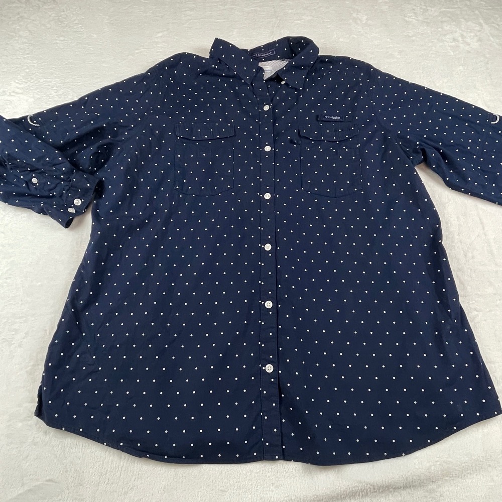 Columbia Super Bonehead PFG Shirt Womens 2X Navy Blue Polka Dot Fishing Vented